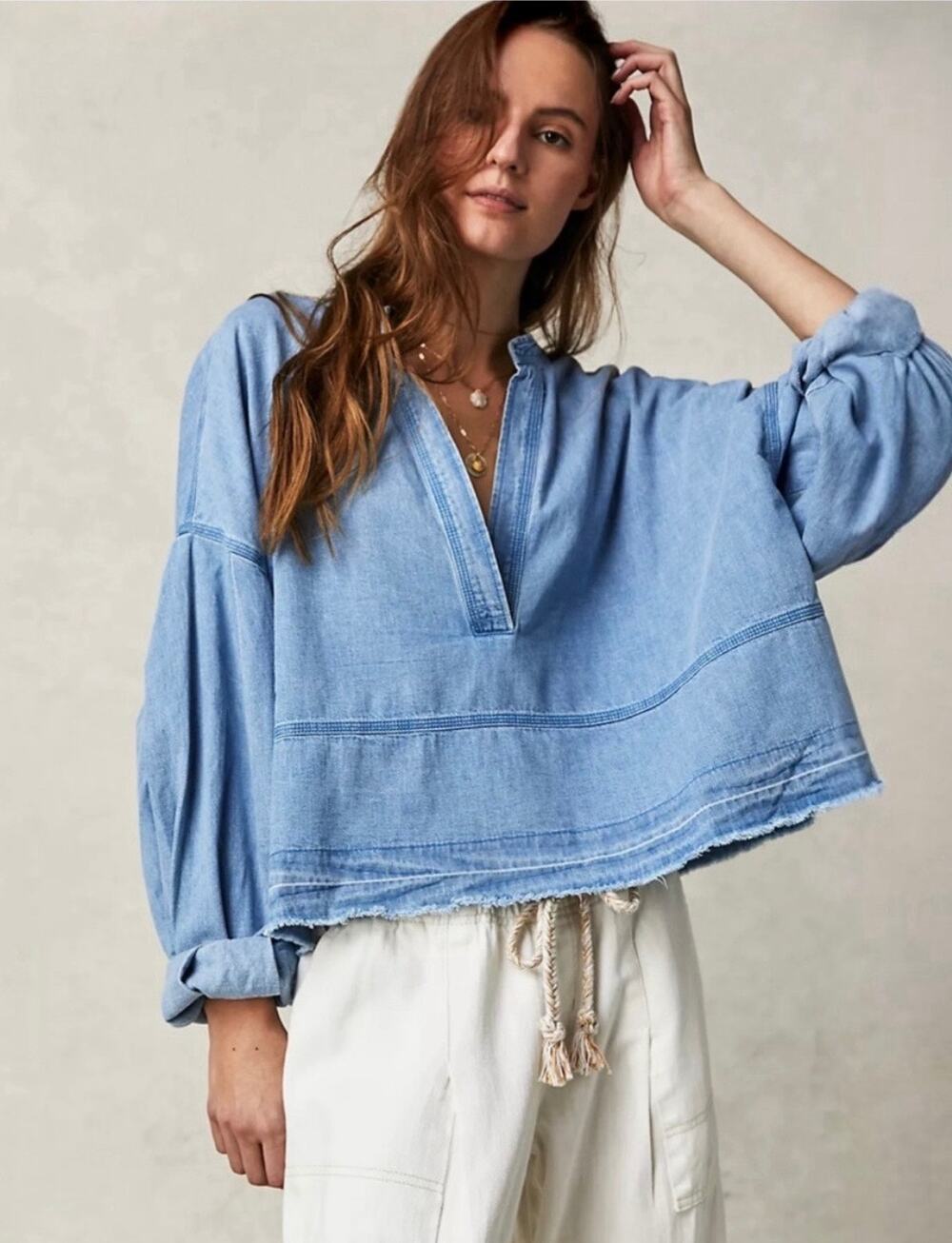 We The Free Jude Oversized Denim Crop Swing Boxy Pullover V-Neck Top - Medium